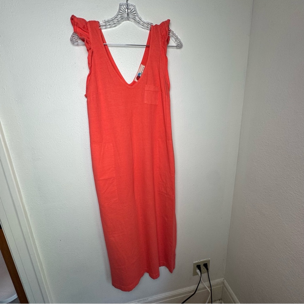 FP Beach Free People Vibrant Coral Midi Dress Ruffle Sleeves tank with pockets